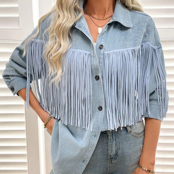 Jackets & Blazers - Light Wash Casual Women's Fringe Decorated Denim Jacket